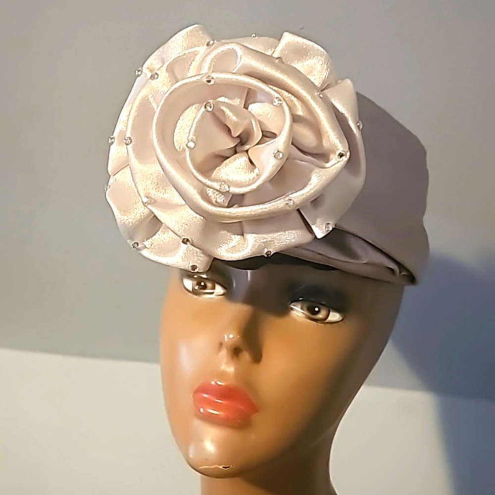 Ann Marie Designer Open Top Gray Satin Hat, Blossom Rose Embossed w/Rhinestones